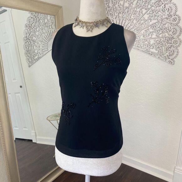 Early 2000's Whimsygoth Black Sheer Mesh Beaded Floral Embroidered Tank Top M - Picture 2 of 5